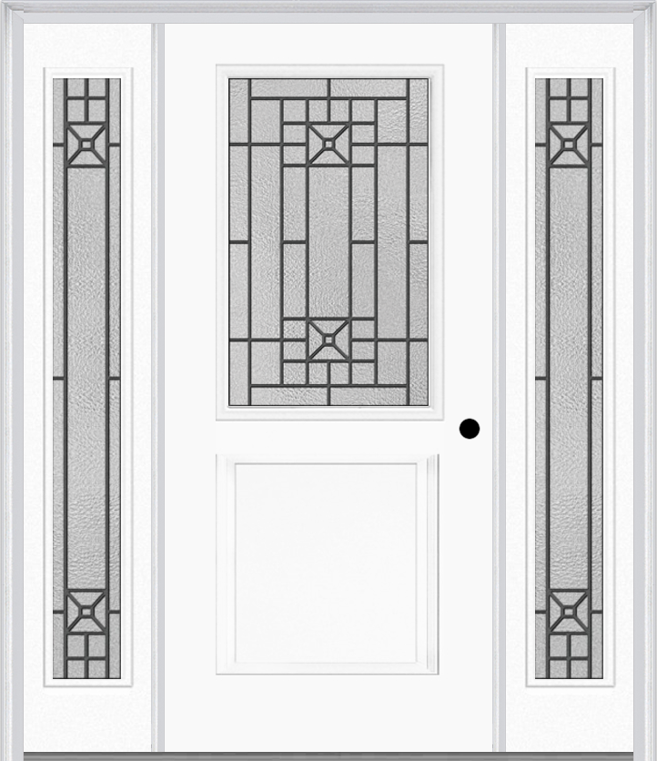 MMI 1/2 Lite 1 Panel 6'8" Fiberglass Smooth Courtyard Nickel Vein Wrought Iron Exterior Prehung Door With 2 Full Lite Courtyard Nickel Vein Wrought Iron Decorative Glass Sidelights 682